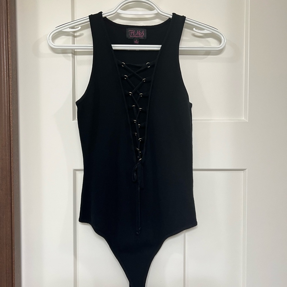 Hot Miami Styles Black Lace-Up Bodysuit